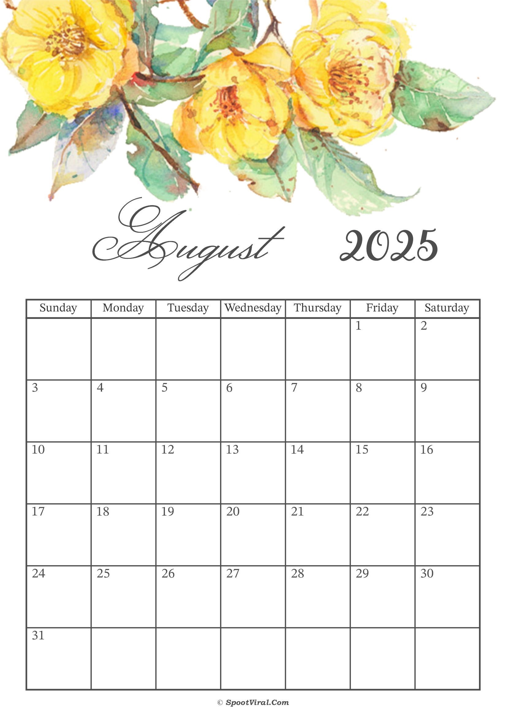 August 2025 Calendar Floral