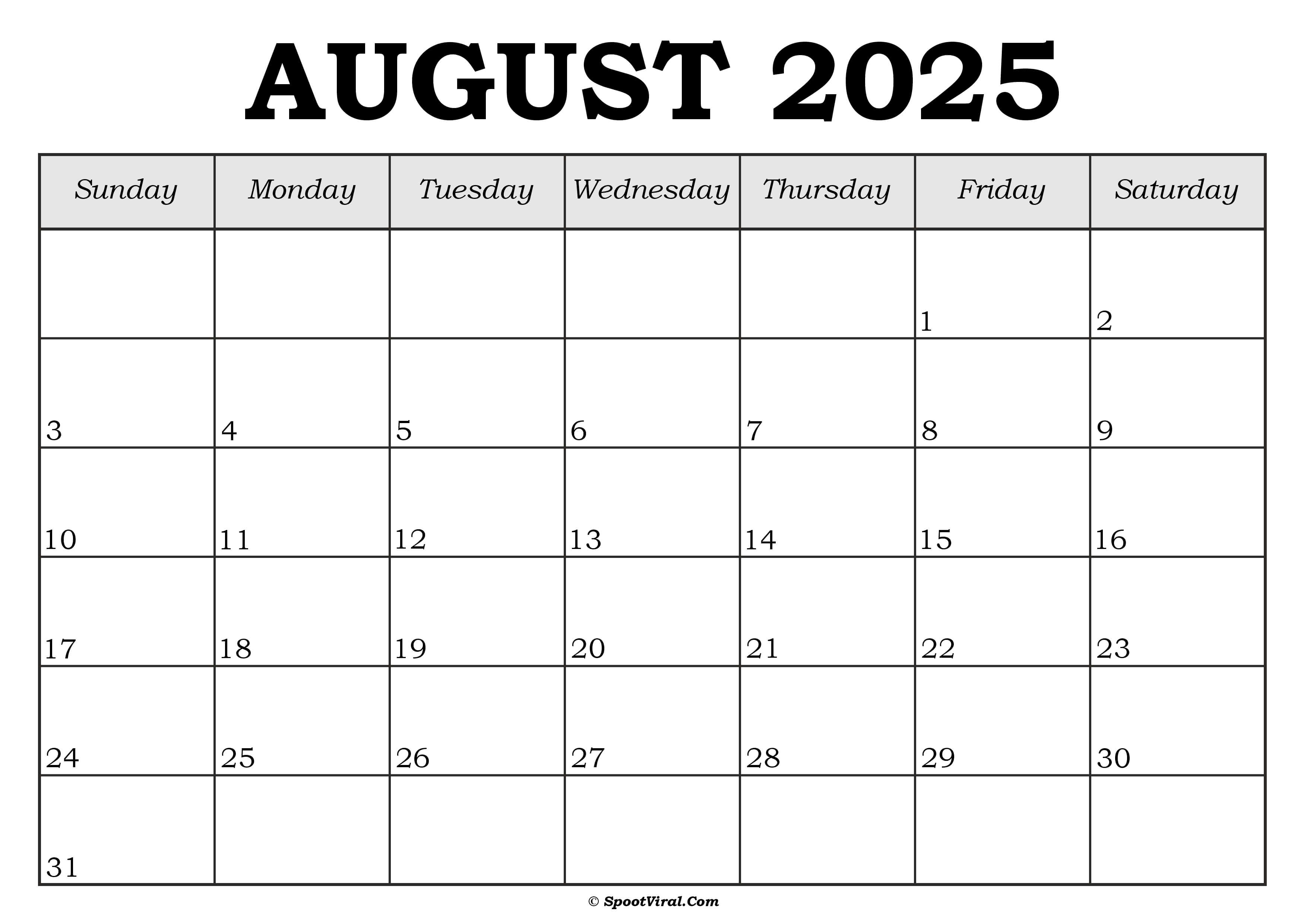 August 2025 Calendar Template