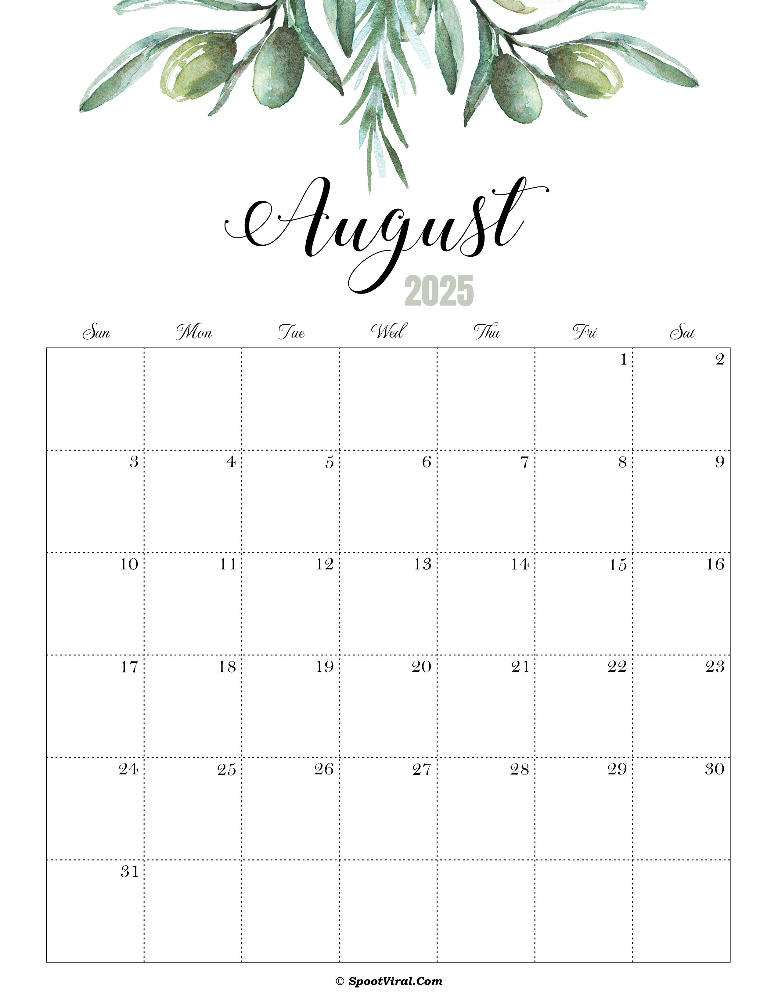 August Calendar 2025 Cute