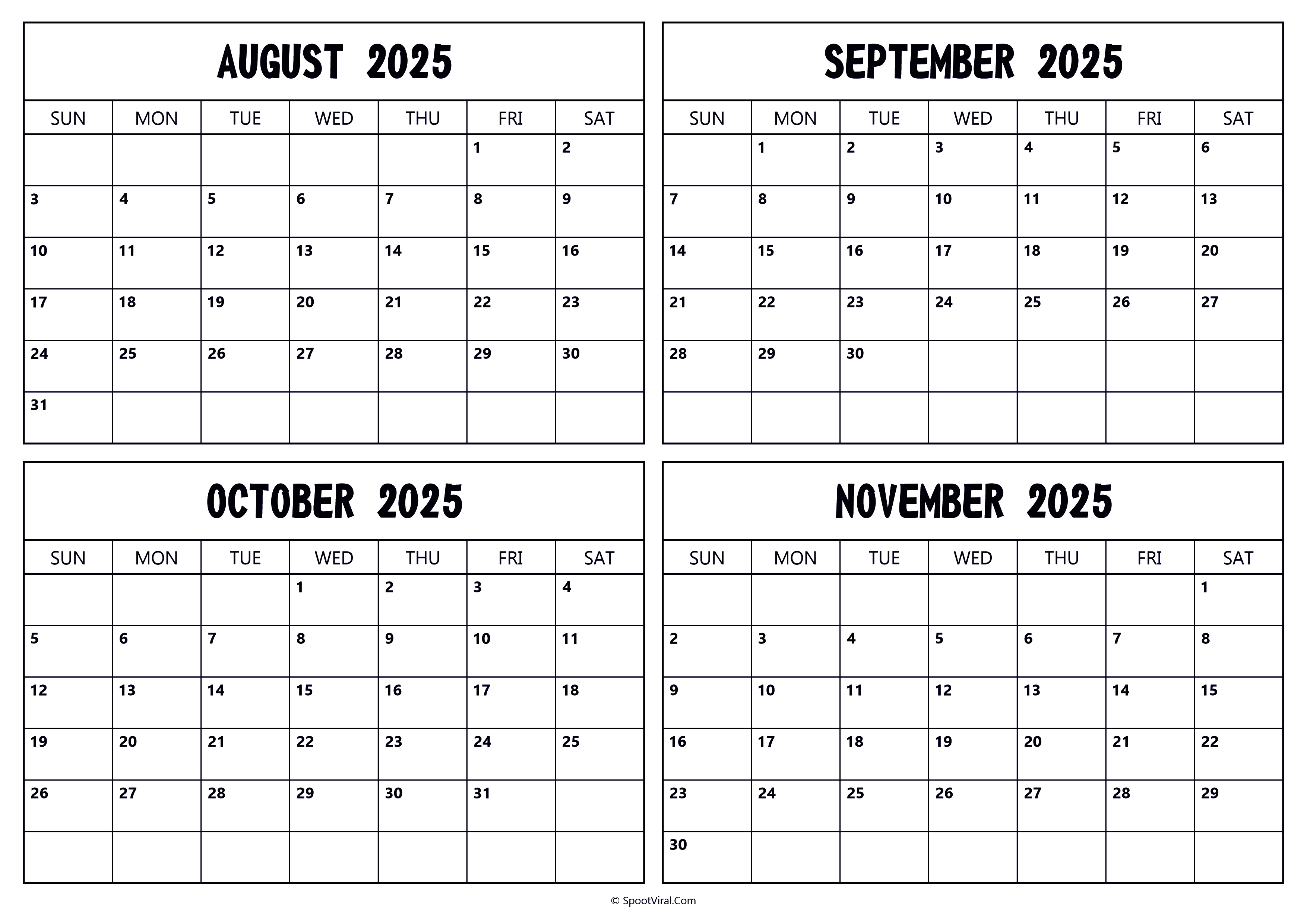 August September October November 2025 Calendar