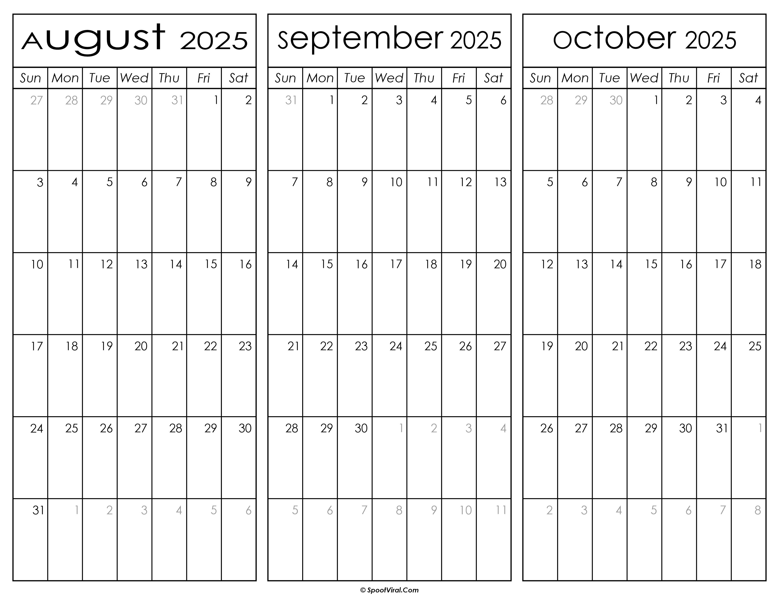 August September and October Calendar 2025