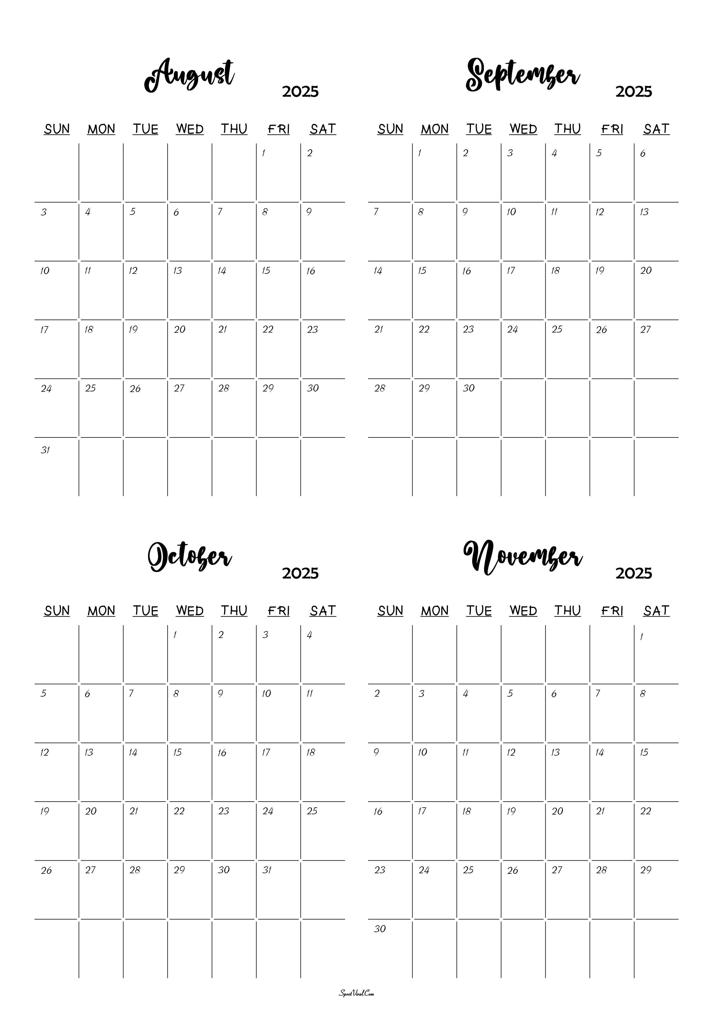 August to November 2025 Calendar