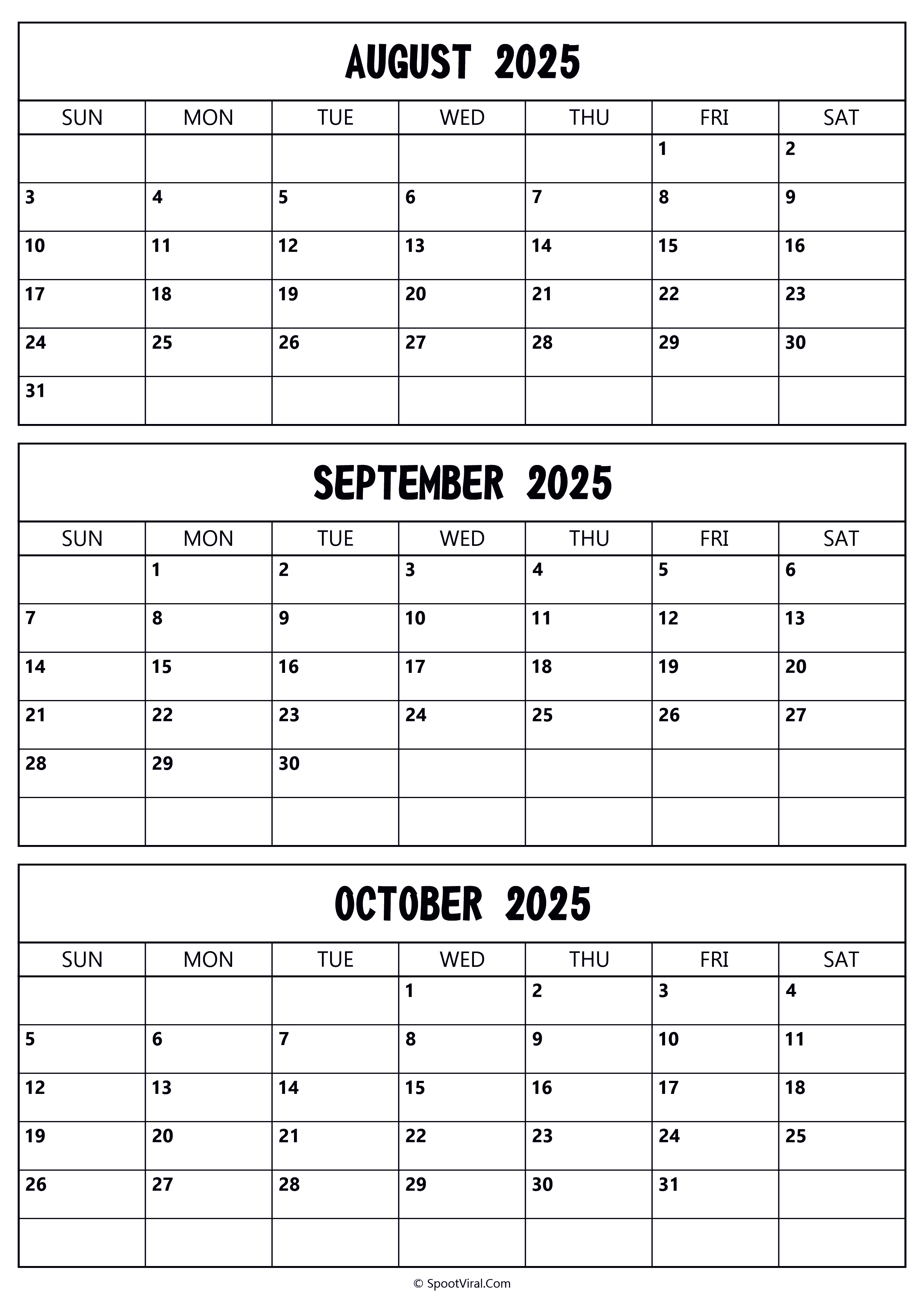 August to October 2025 Calendar