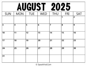 Blank Calendar August 2025