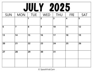 Blank Calendar July 2025