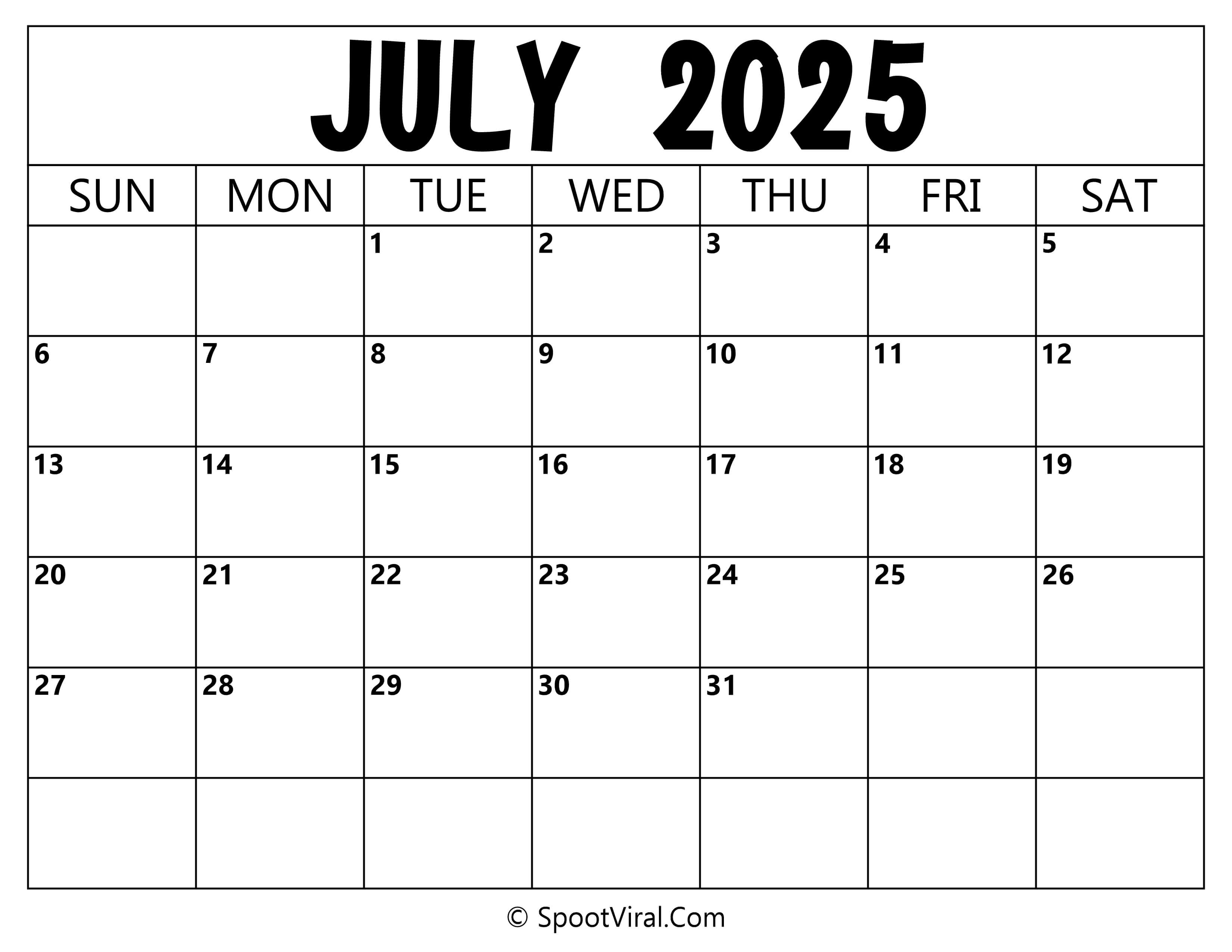 Blank Calendar July 2025