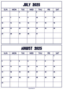 Calendar 2025 July August