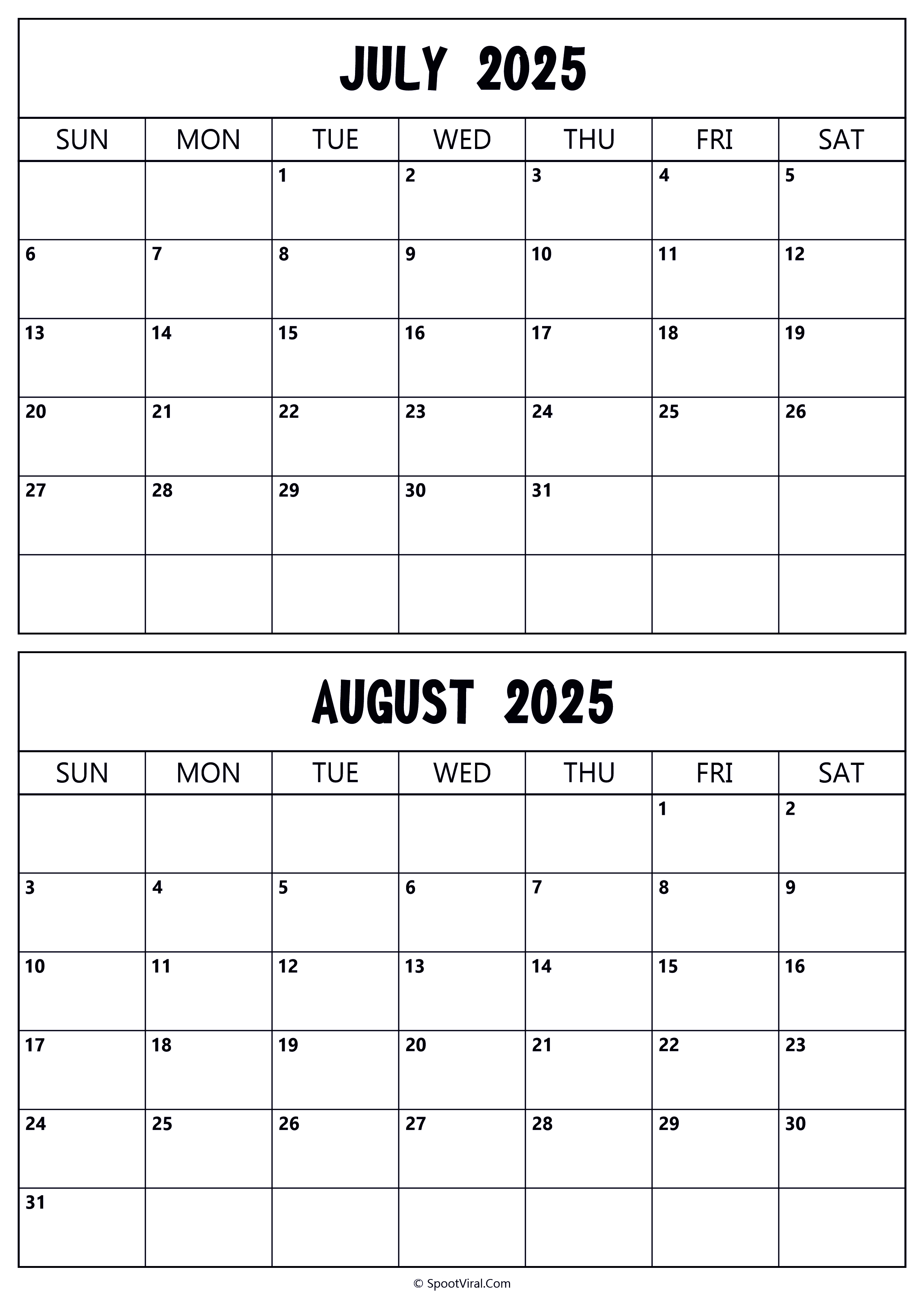 Calendar 2025 July August