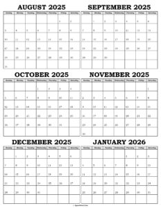 Calendar August 2025 to January 2026