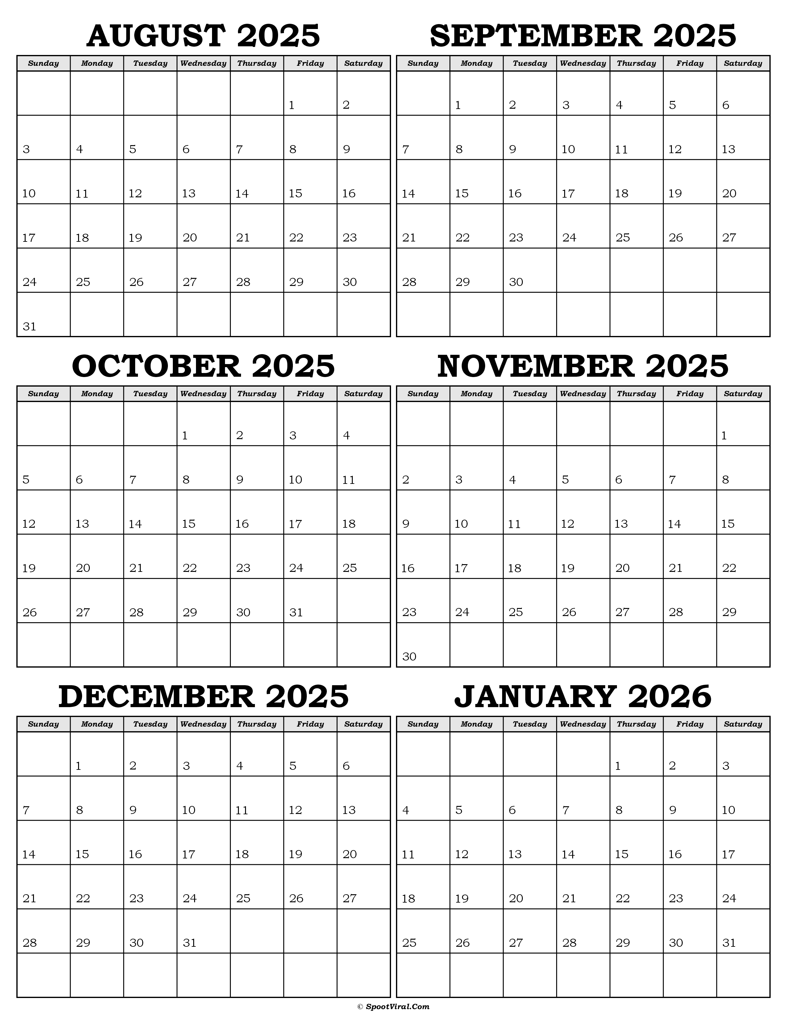 Calendar August 2025 to January 2026