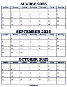 Calendar August September October 2025