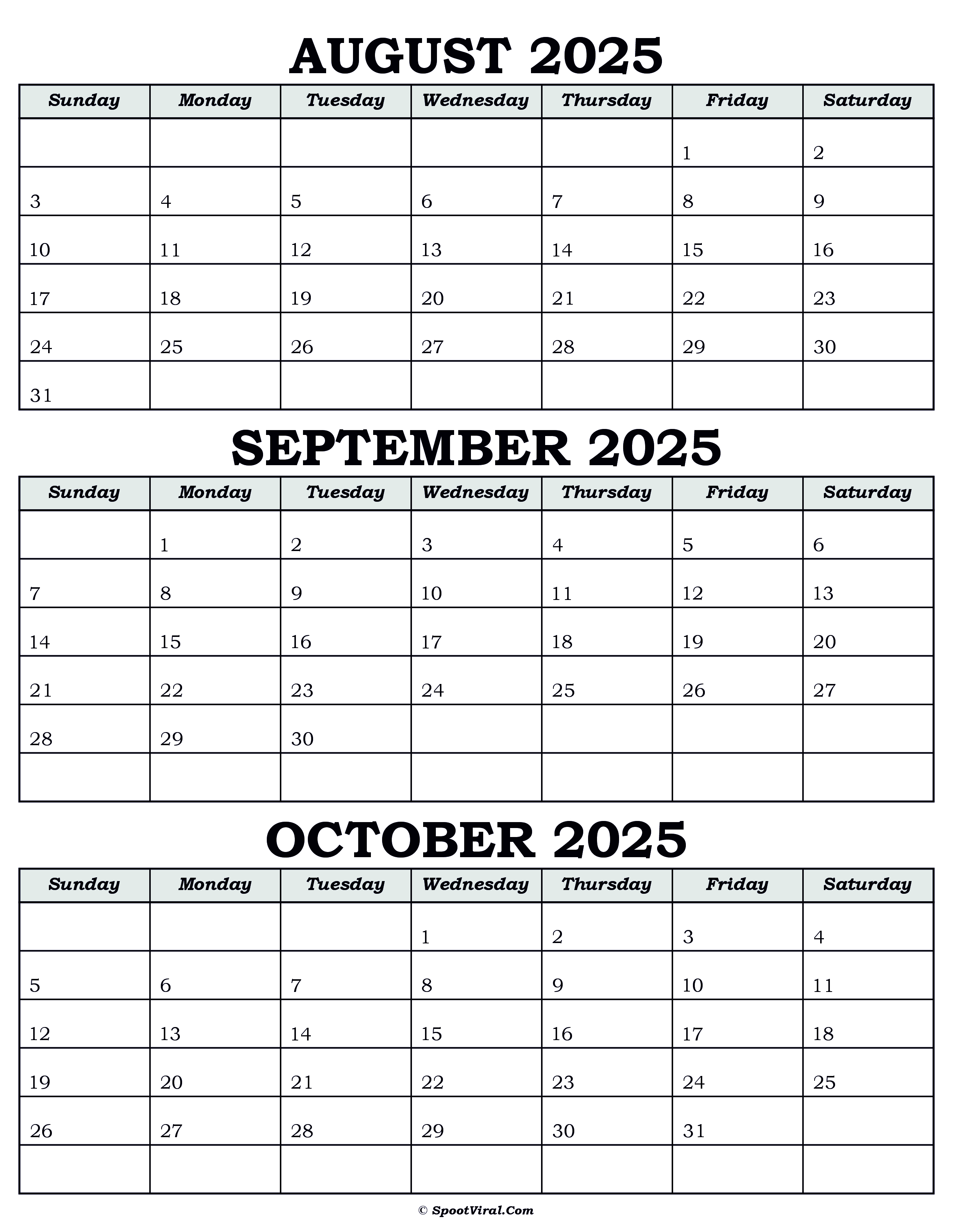 Calendar August September October 2025