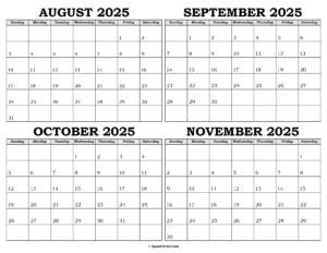 Calendar August to November 2025