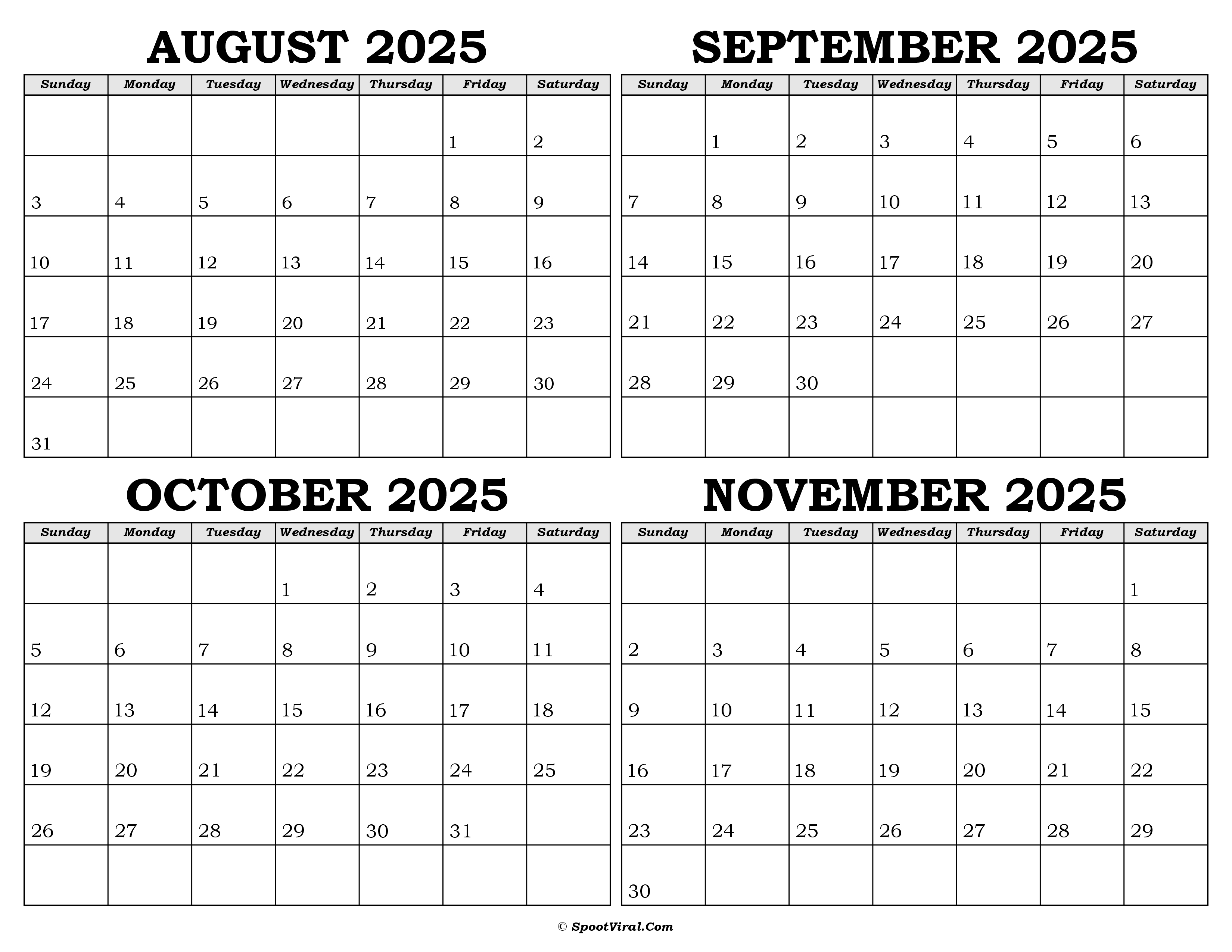 Calendar August to November 2025