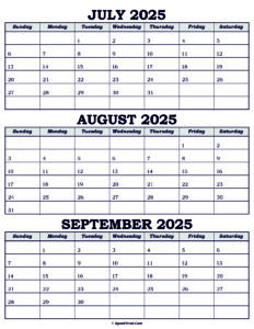 Calendar July August September 2025