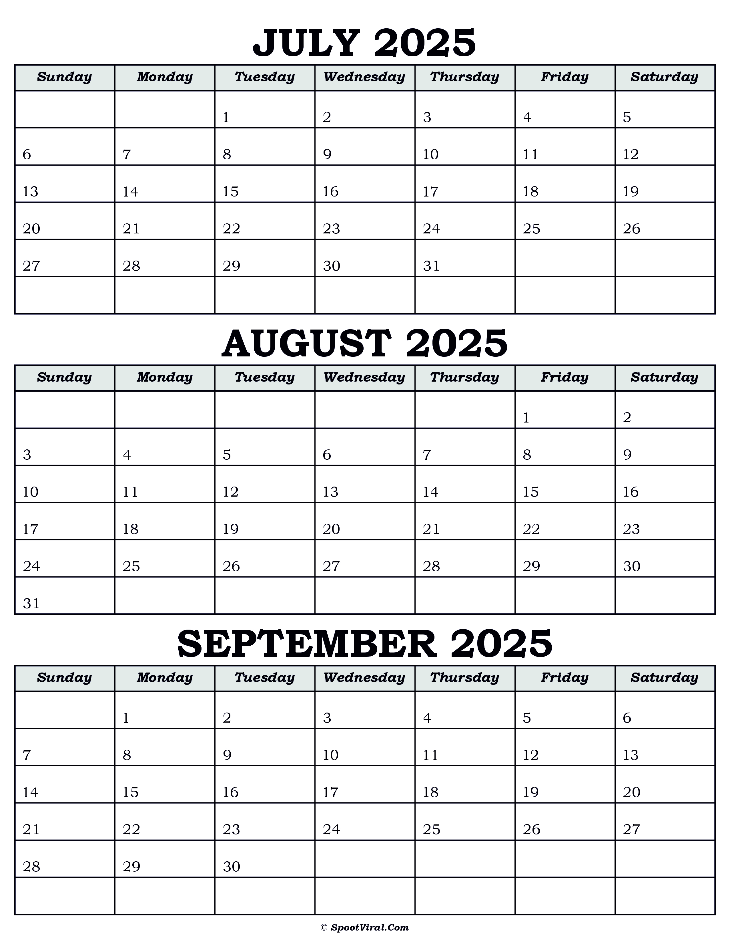 Calendar July August September 2025