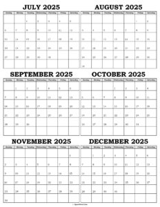 Calendar July to December 2025