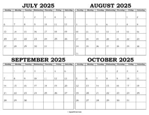 Calendar July to October 2025