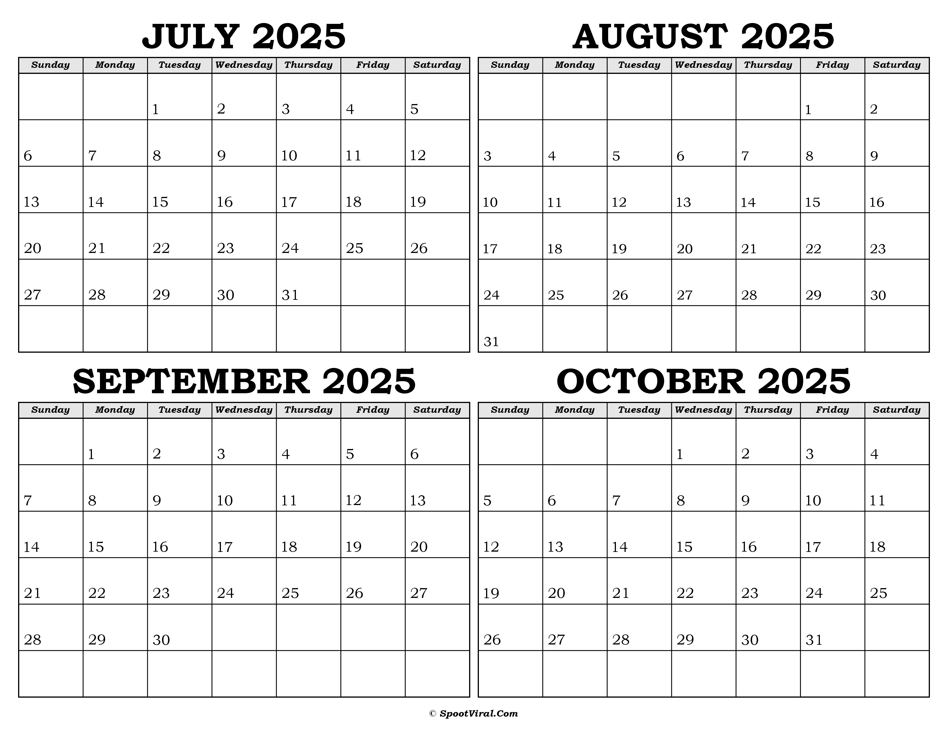 Calendar July to October 2025