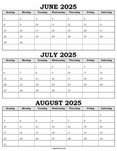 Calendar June July August 2025