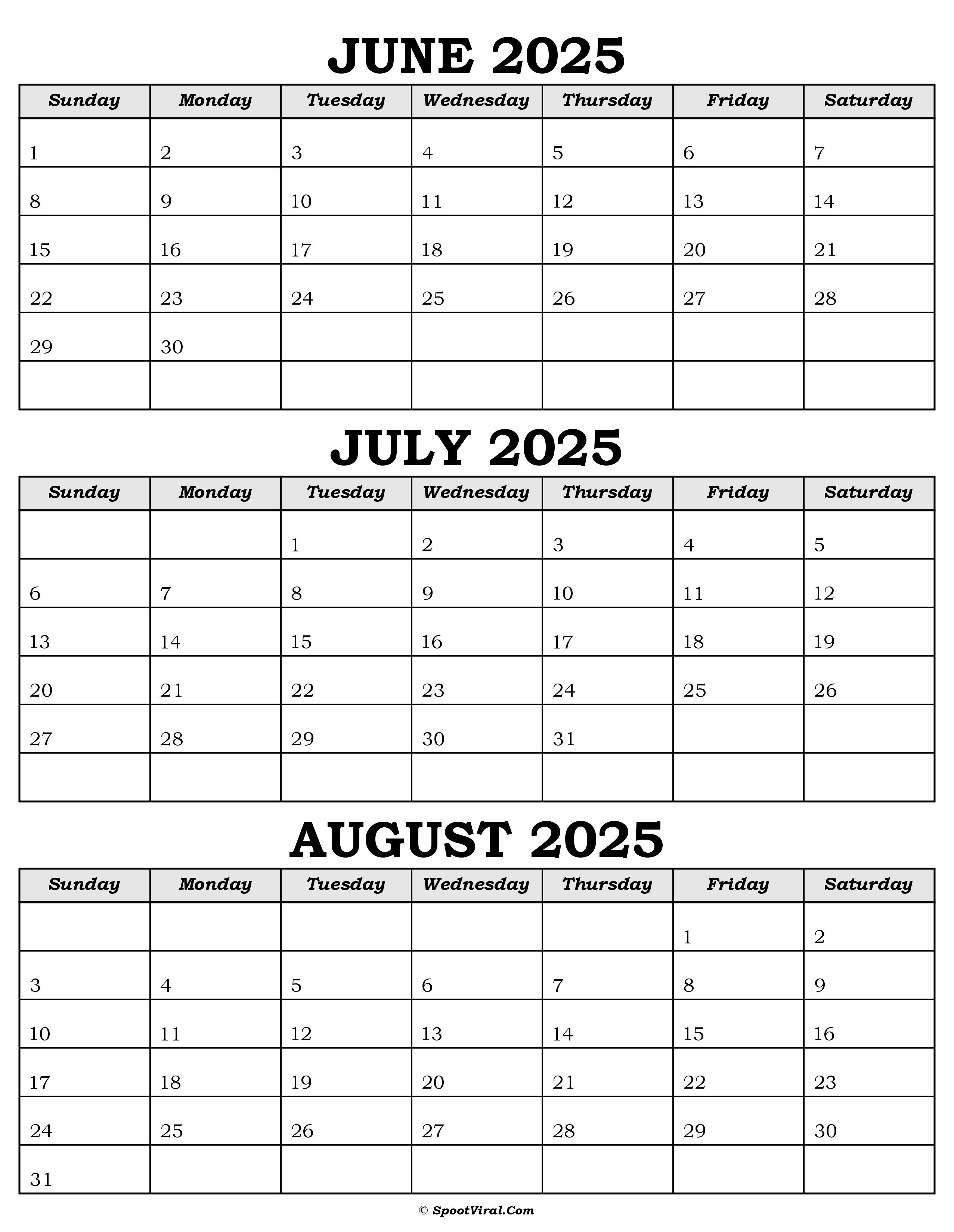 Calendar June July August 2025