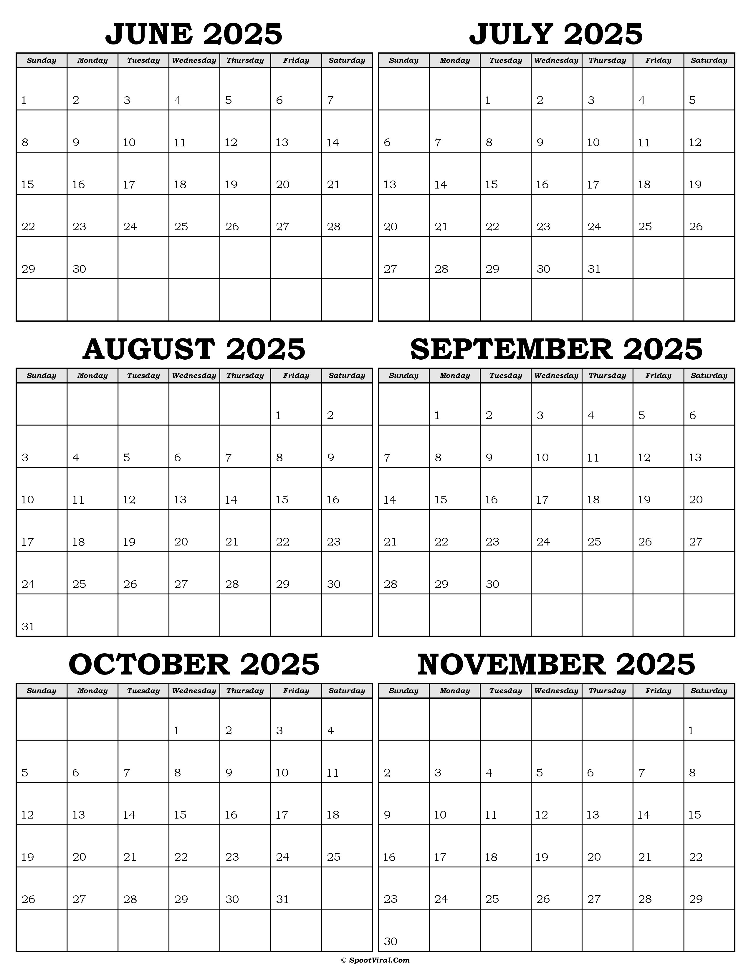 Calendar June to November 2025