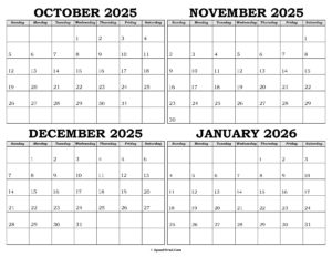 Calendar October 2025 to January 2026