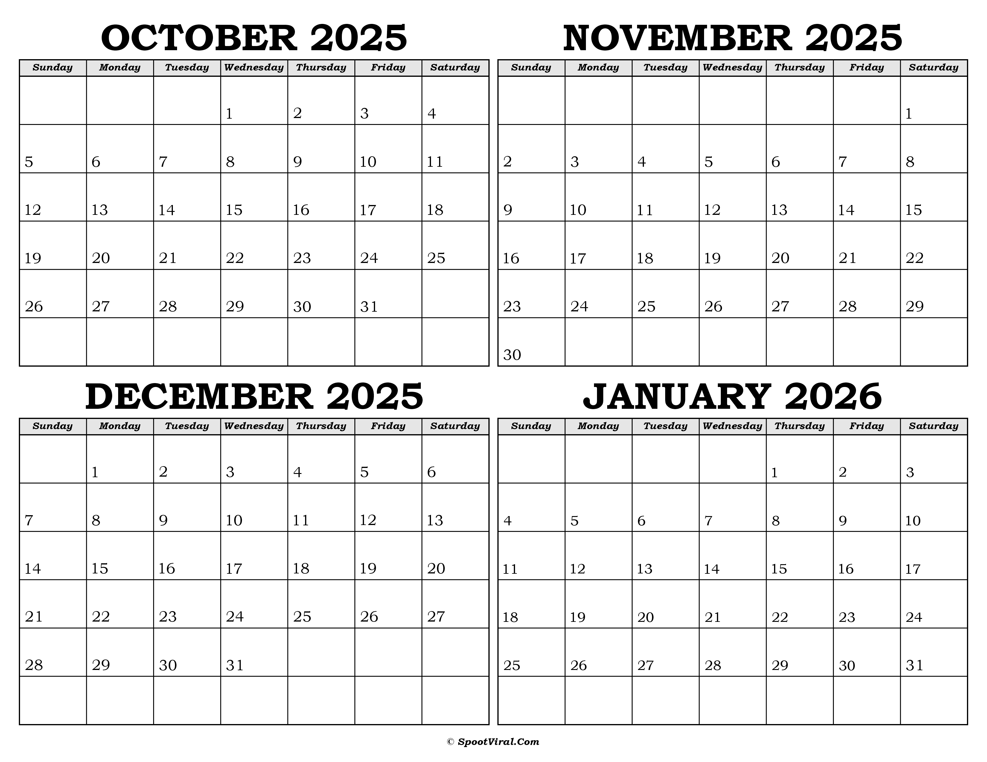 Calendar October 2025 to January 2026