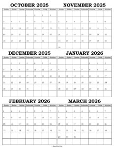 Calendar October 2025 to March 2026