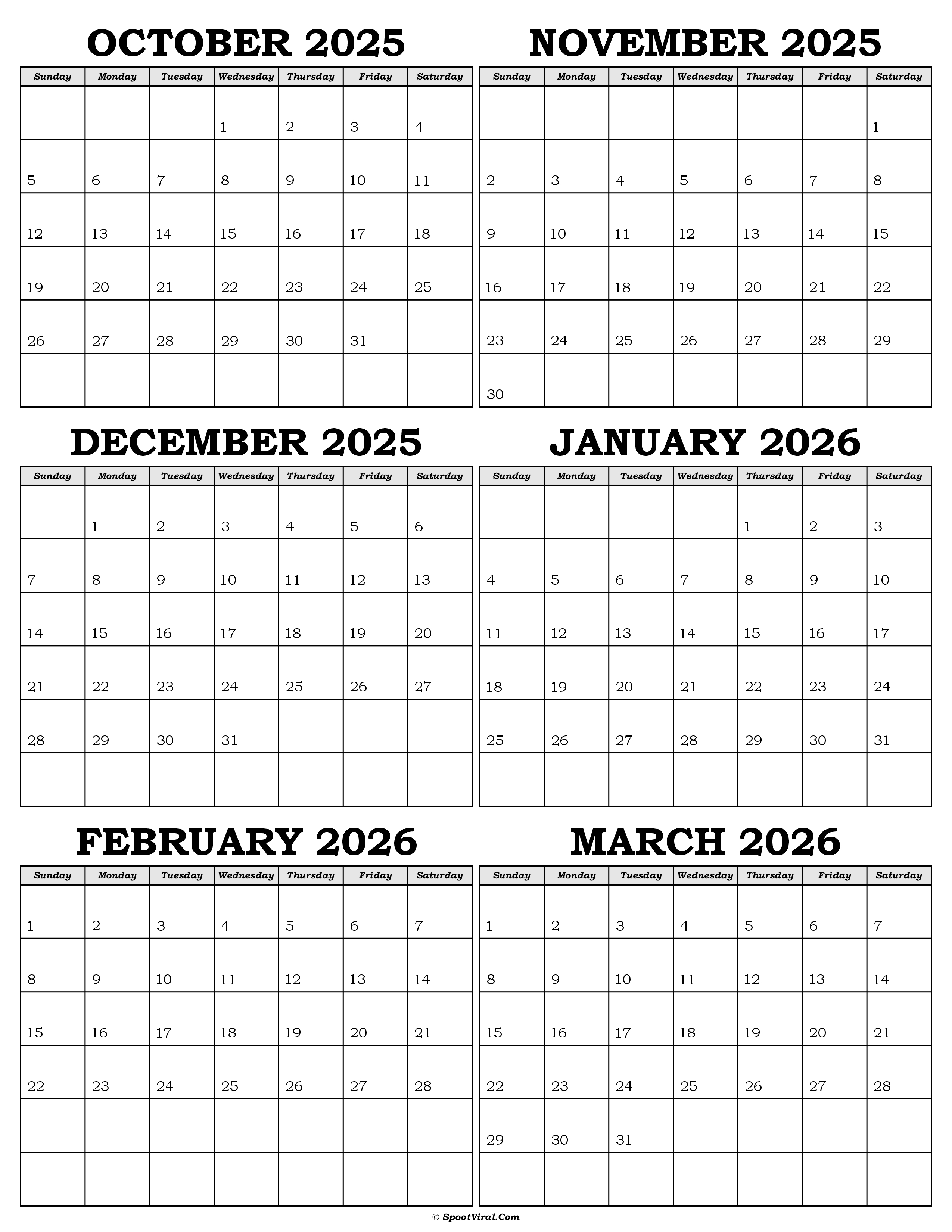 Calendar October 2025 to March 2026