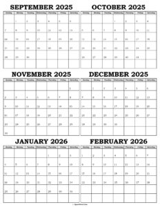 Calendar September 2025 to February 2026