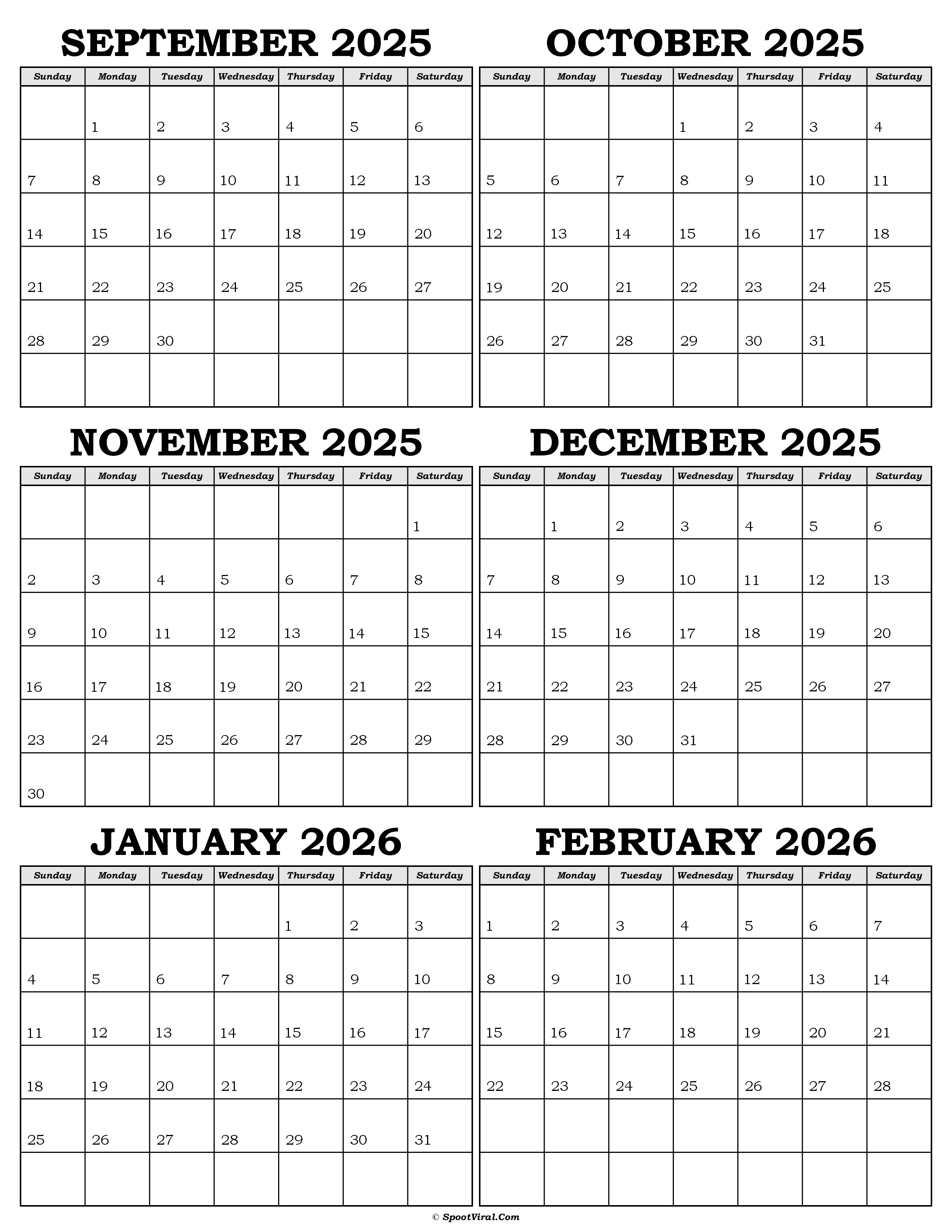 Calendar September 2025 to February 2026