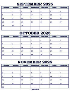 Calendar September October November 2025