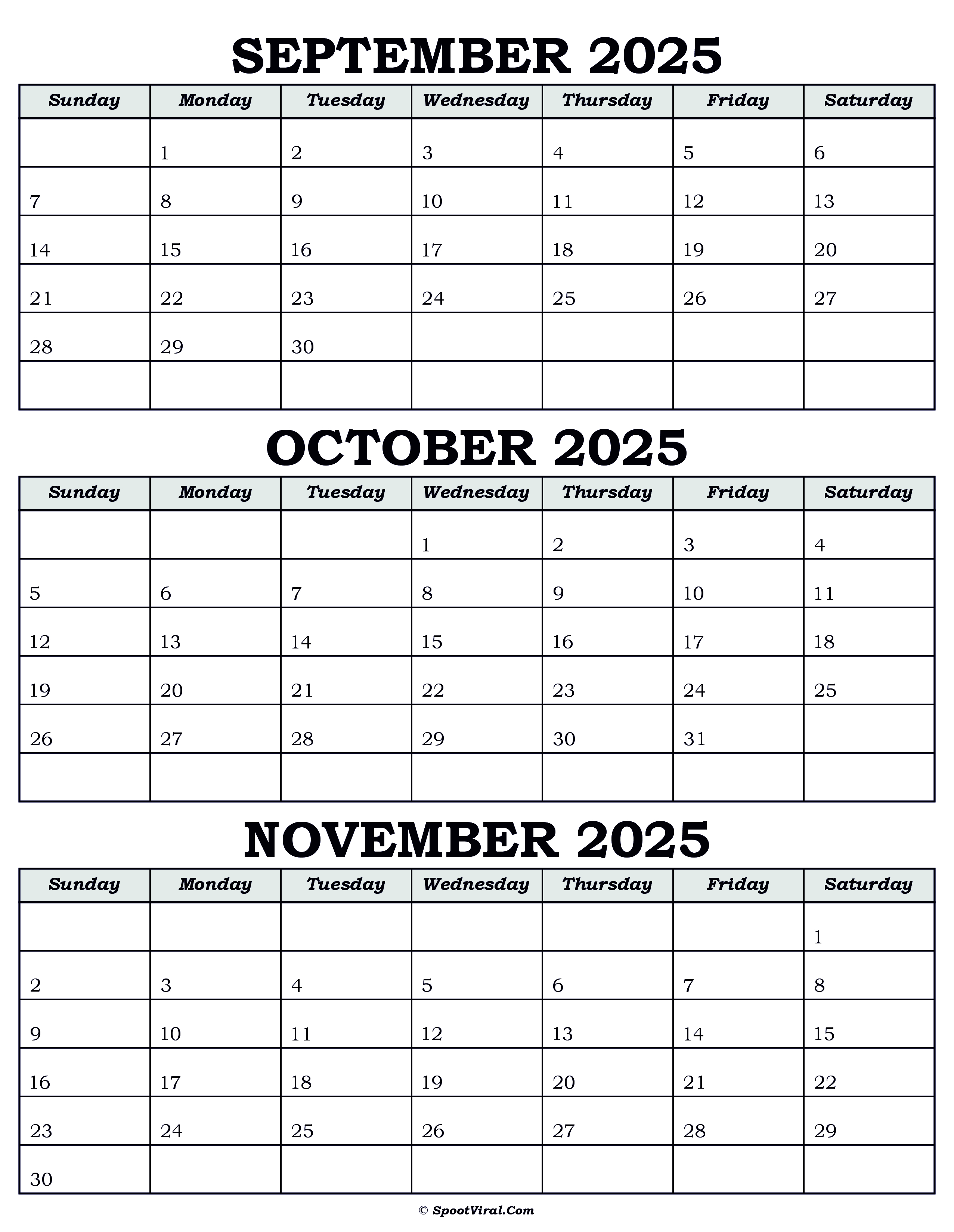 Calendar September October November 2025