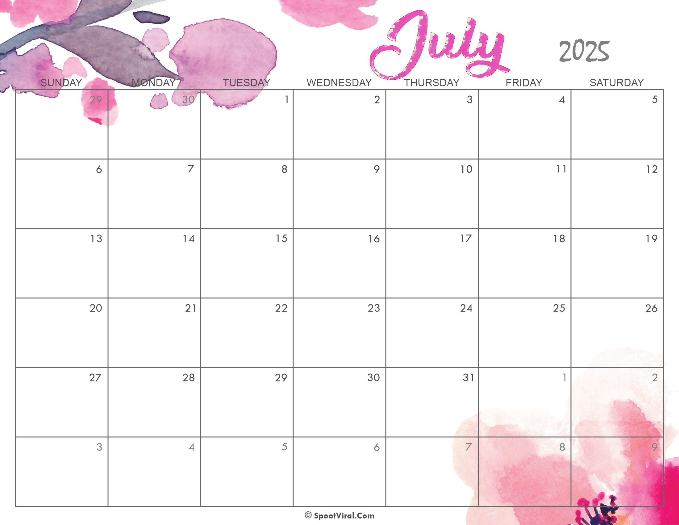 Cute July Calendar 2025 Printable