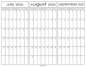 July August and September Calendar 2025