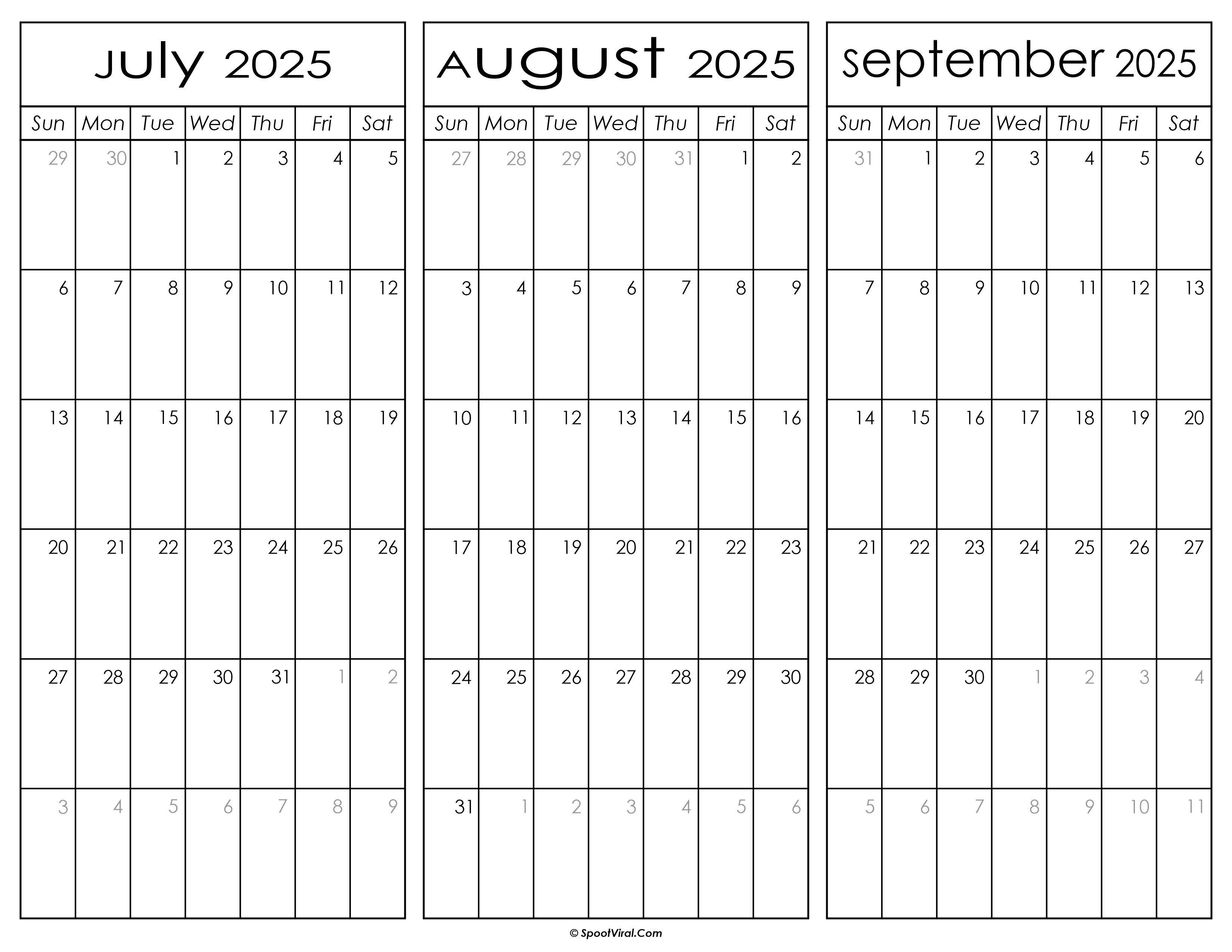 July August and September Calendar 2025