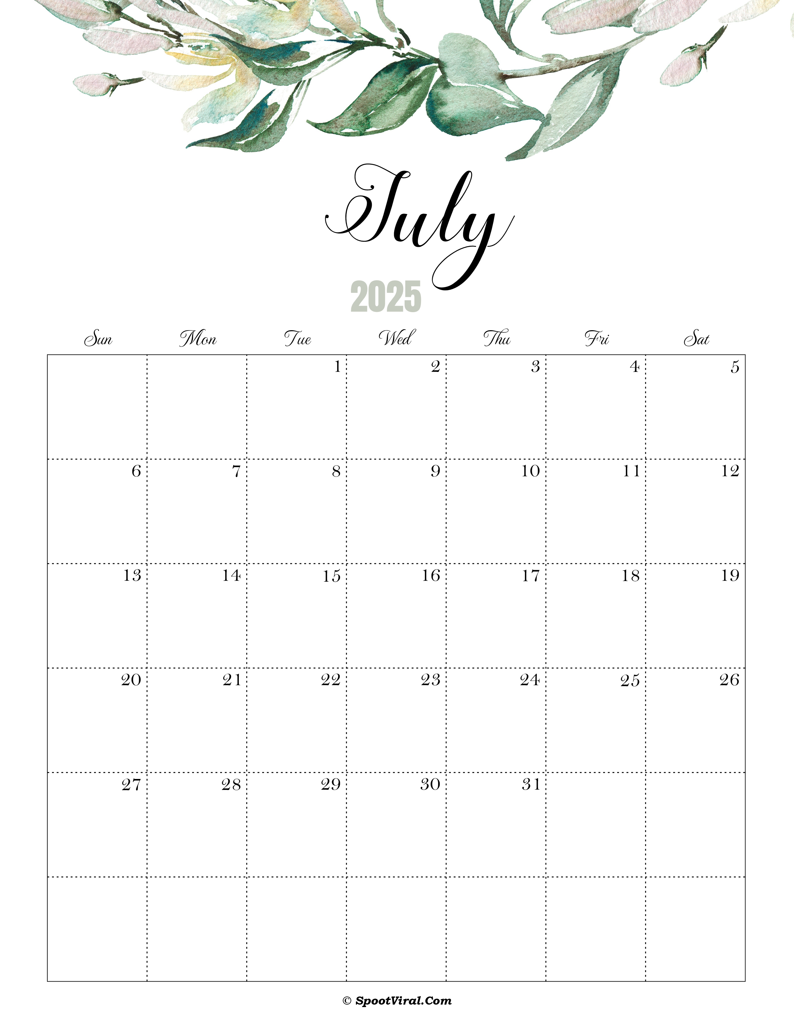 July Calendar 2025 Cute