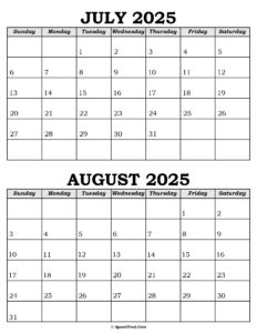 July and August Calendar 2025