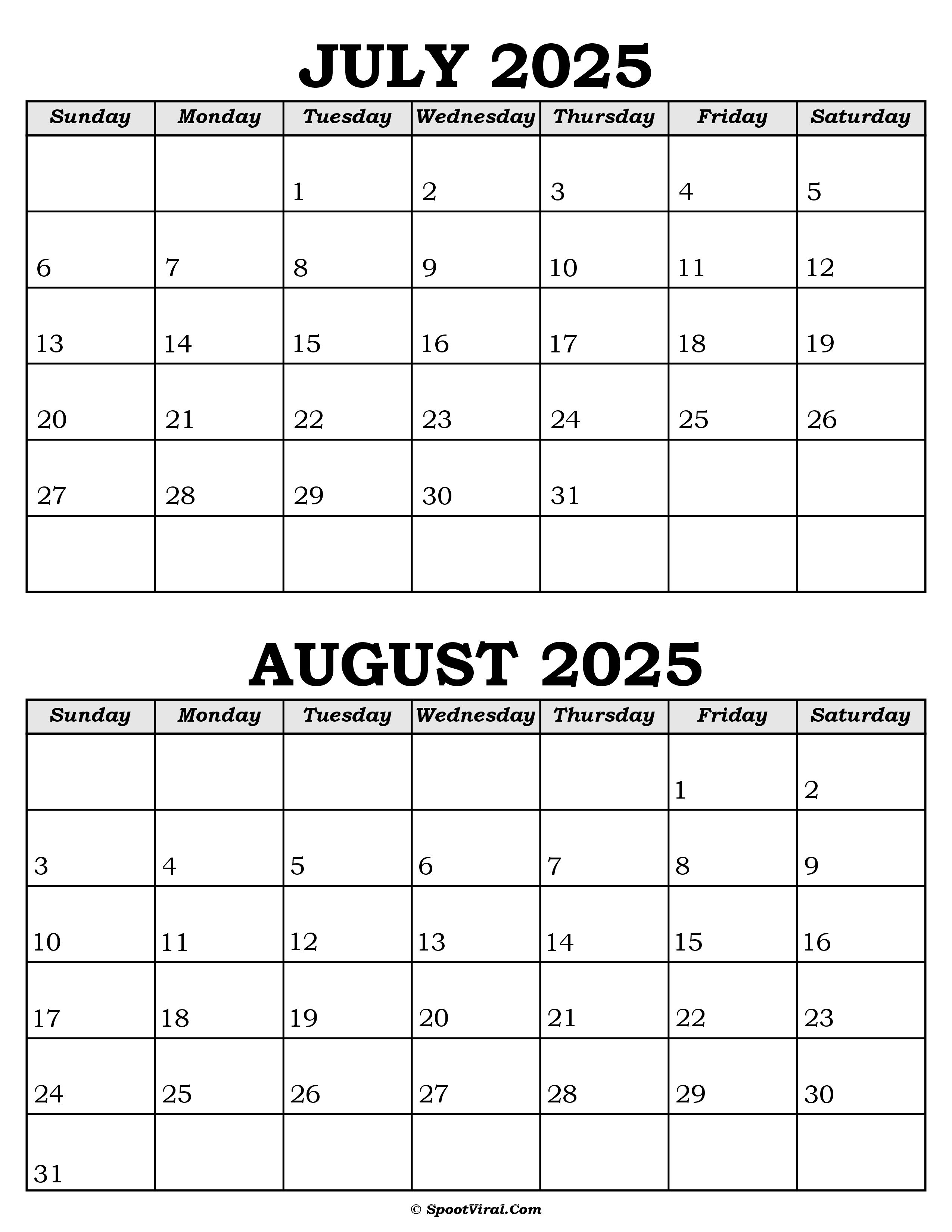 July and August Calendar 2025