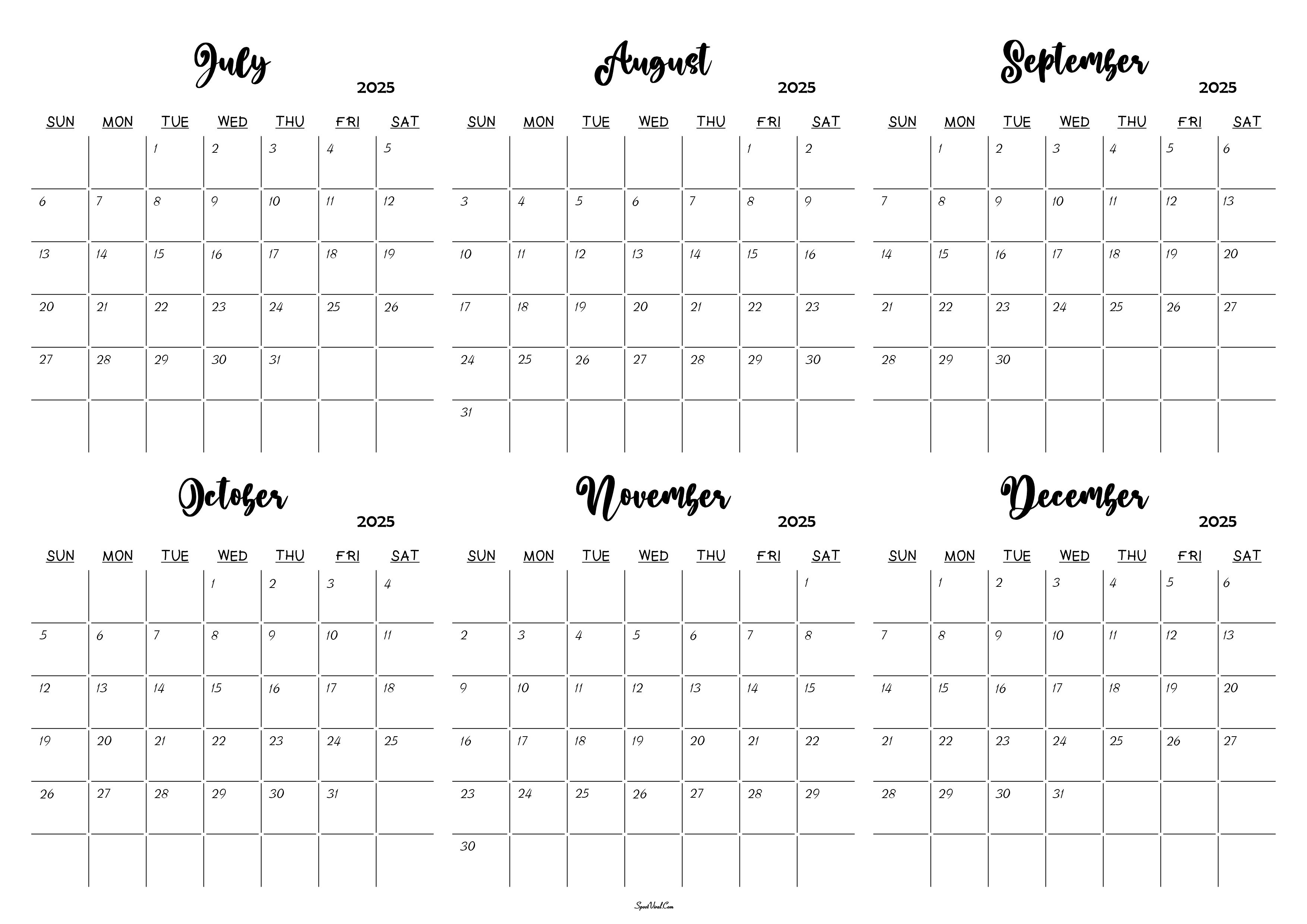 July to December 2025 Calendar