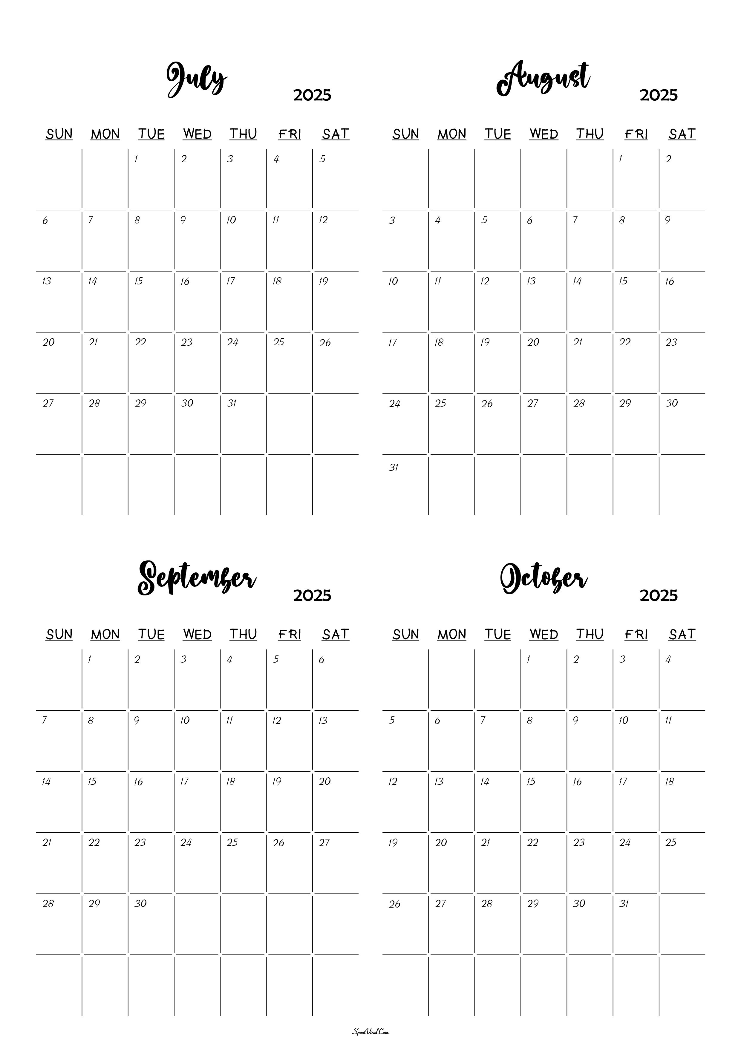 July to October 2025 Calendar