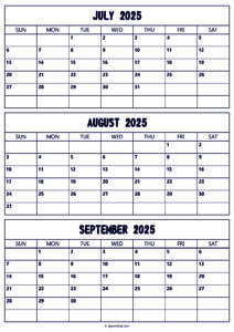 July to September 2025 Calendar