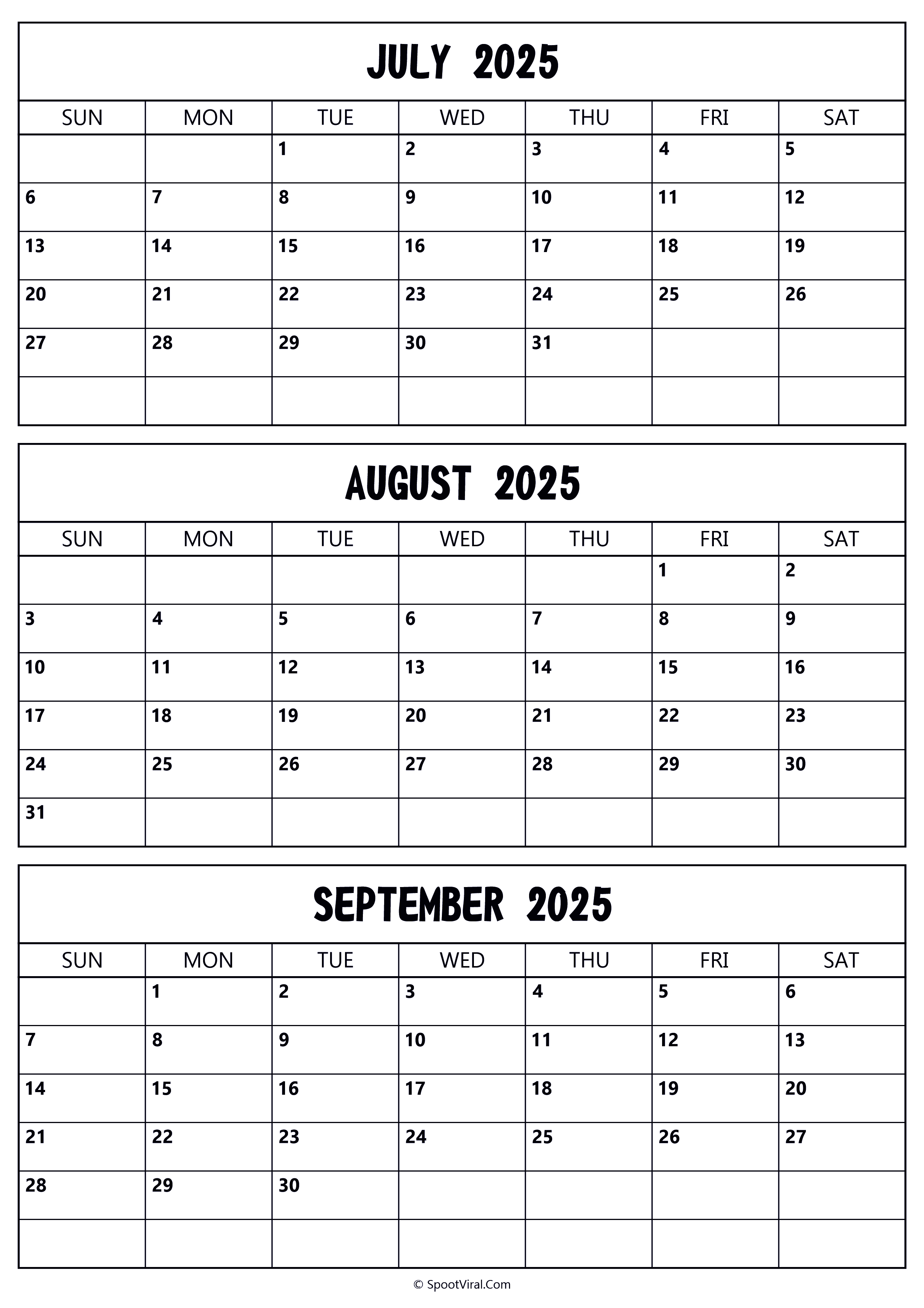 July to September 2025 Calendar