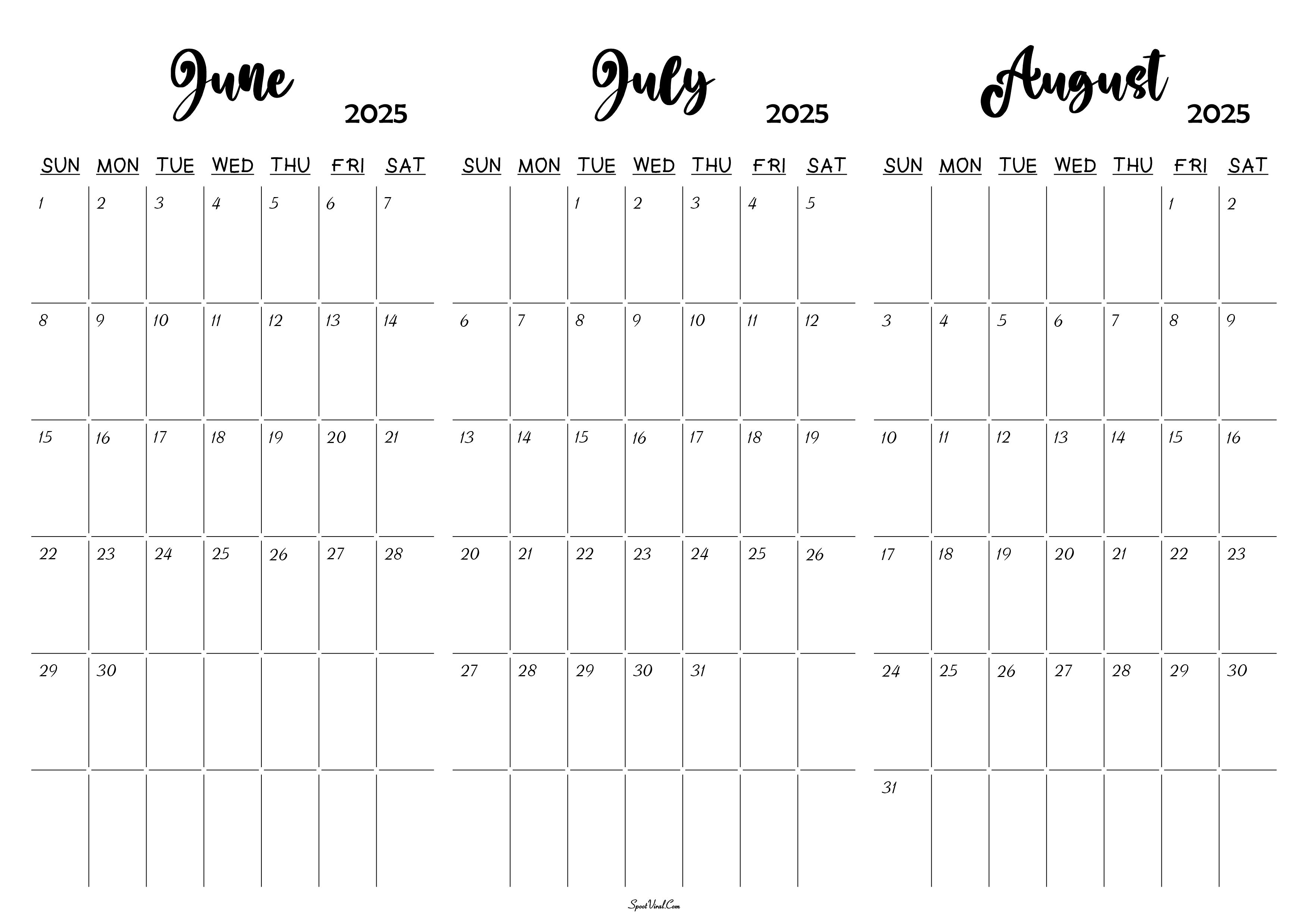 June July August 2025 Calendar