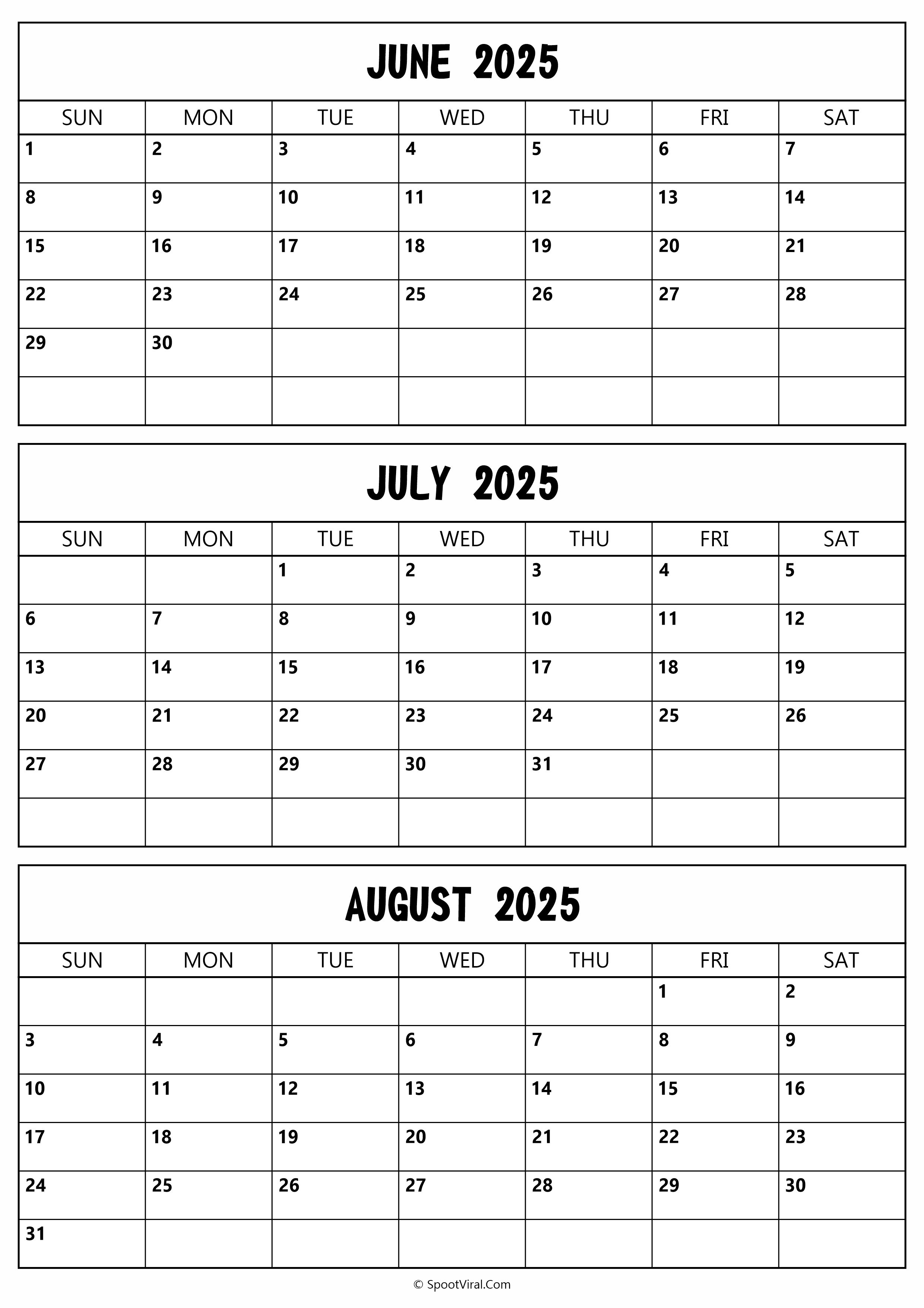 June to August 2025 Calendar