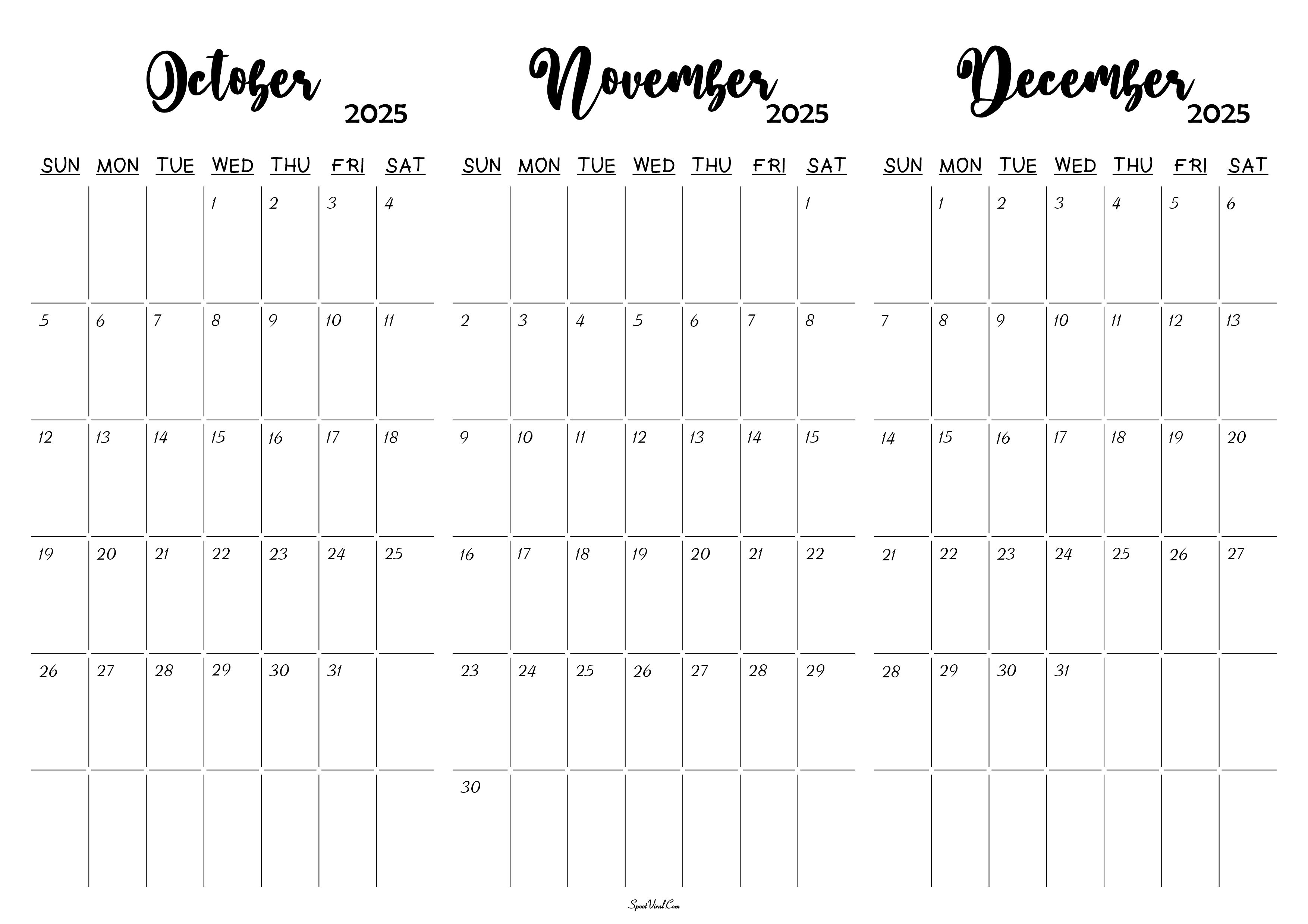 October November December 2025 Calendar