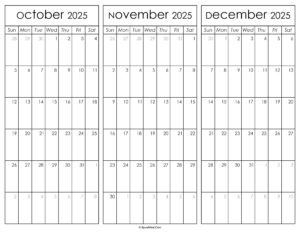 October November and December Calendar 2025