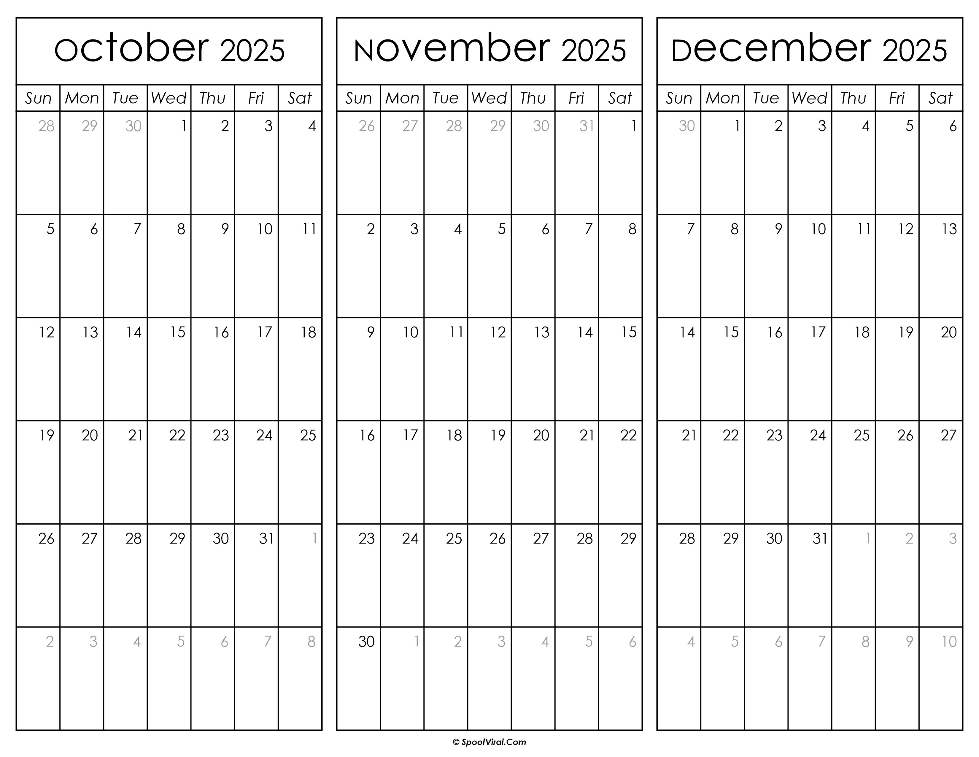 October November and December Calendar 2025