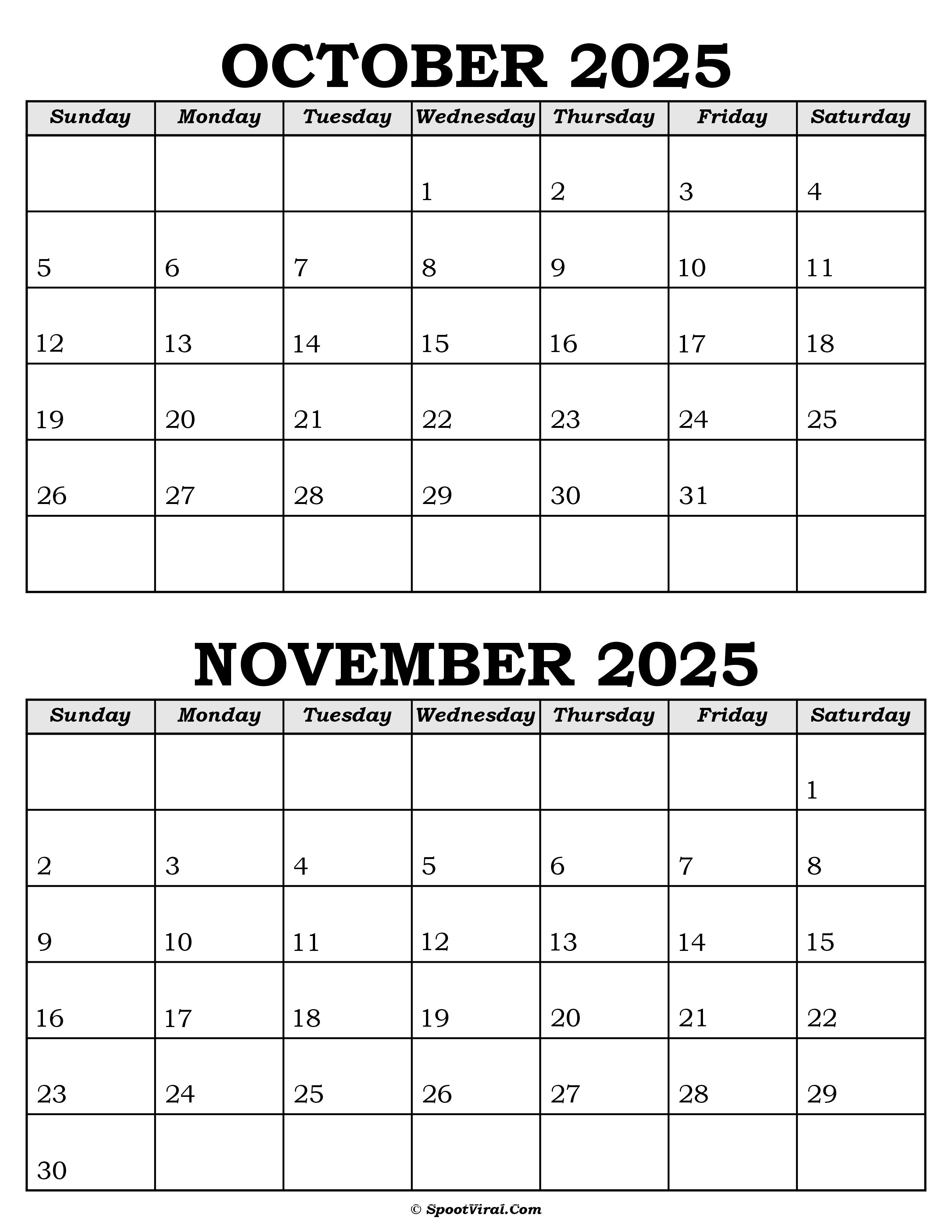 October and November Calendar 2025